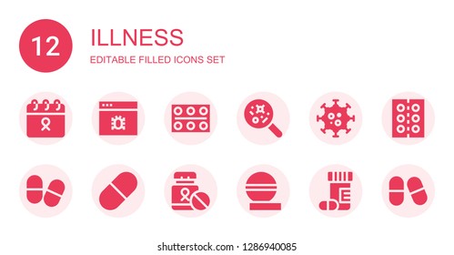 illness icon set. Collection of 12 filled illness icons included Cancer, Virus, Pills, Disease, Pill, Medicine, Drugs, Drug