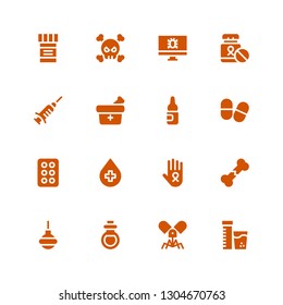 illness icon set. Collection of 16 filled illness icons included Vitamins, Virus, Remedy, Enema, Broken bone, Cancer, Blood donation, Drug, Pills, Ampoule, Medicine, Vaccine