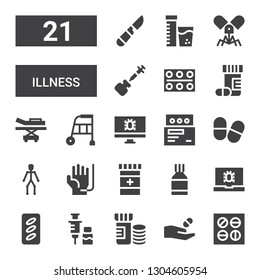 illness icon set. Collection of 21 filled illness icons included Pills, Medicine, Vitamins, Vaccine, Virus, Blood donation, Joints, Walker, Stretcher, Drugs, Scalpel