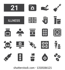 illness icon set. Collection of 21 filled illness icons included Drugs, Blood donation, Effervescent, Pill, Vials, Vaccine, Pills, Vaccination, Virus, Drug, Medicine, Vitamins