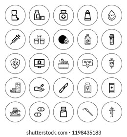 Illness icon set. collection of 25 outline illness icons with blood donation, drugs, inhaler, medical symbol, medicine, ointment, pill, pills, nervous icons. editable icons.