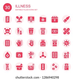 illness icon set. Collection of 30 filled illness icons included Pills, Virus, Cancer, Vaccine, Medicine, Pill, Drug, Blood donation, Infected, Bacterias, Vials, Tongue depressor