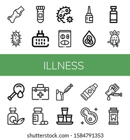 illness icon set. Collection of Joint, Virus, Medicine, Mosquito repellent, Bacteria, Eye drops, Erythrocytes, Drug container, Sick, Blood test, First aid kit, Vaccine, Shots icons