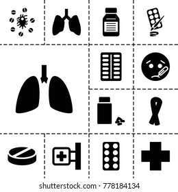 Illness icons. set of 13 editable filled illness icons such as ribbon, sick emot, lungs, medical cross, pill, medicine, virus and pills