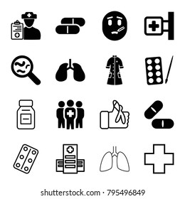 Illness icons. set of 16 editable filled and outline illness icons such as paints, medical cross, pill, lungs, nurse gown, medical group, doctor prescription, hospital