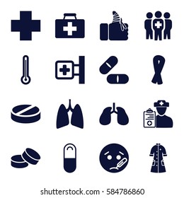 illness icons set. Set of 16 illness filled icons such as ribbon, tablet, sick emot, first aid kit, medical cross, pill, lungs, injured finger, nurse gown, medical group