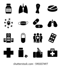 illness icons set. Set of 16 illness filled icons such as ribbon, first aid kit, hospital, pill, lungs, medicine, medical pills, injured finger, medical cross