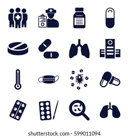 illness icons set. Set of 16 illness filled icons such as paints, hospital, pill, bacteria, lungs, medical pills, medicine, medical group, doctor prescription, virus and pills