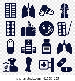 Illness icons set. set of 16 illness filled icons such as paints, ribbon, sick emot, medical cross, hospital, pill, injured finger, nurse gown, medicine, lungs