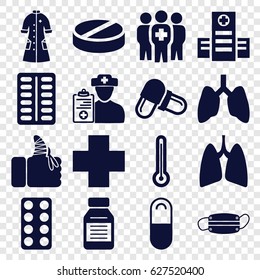 Illness icons set. set of 16 illness filled icons such as hospital, pill, injured finger, nurse gown, medical cross, medicine, medical group, lungs, doctor prescription