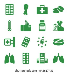 Illness icons set. set of 16 illness filled icons such as ribbon, tablet, first aid kit, medical cross, hospital, pill, medical pills, injured finger, medicine, lungs