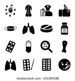 Illness icons set. set of 16 illness filled icons such as paints, ribbon, sick emot, pill, bacteria, medical pills, injured finger, nurse gown, medicine, lungs