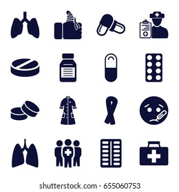 Illness icons set. set of 16 illness filled icons such as ribbon, tablet, sick emot, first aid kit, pill, injured finger, nurse gown, medicine, medical group, lungs