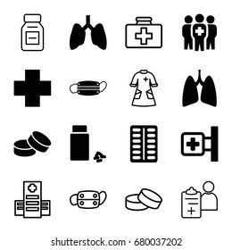 Illness icons set. set of 16 illness filled and outline icons such as tablet, medical cross, pill, medicine, medical group, lungs, medical mask, first aid kit, hospital