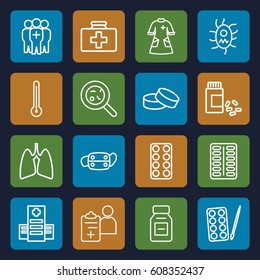 Illness icons set. set of 16 illness outline icons such as paints, tablet, first aid kit, hospital, pill, bacteria, medicine, nurse gown, medical group, lungs