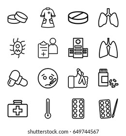 Illness icons set. set of 16 illness outline icons such as paints, tablet, first aid kit, hospital, pill, medicine, injured finger, nurse gown, lungs, doctor prescription