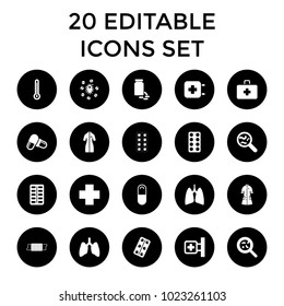 Illness icons. set of 20 editable filled illness icons such as lungs, medical cross, pill, bacteria, medical pills, nurse gown. best quality illness elements in trendy style.