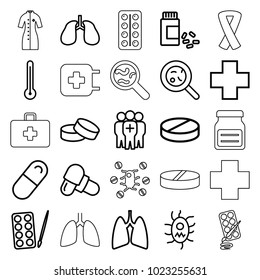 Illness icons. set of 25 editable outline illness icons such as paints, tablet, pill, bacteria, lungs, medicine, medical cross, medical group, virus and pills, thermometer