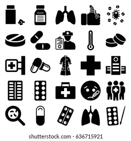 Illness icons set. set of 25 illness filled icons such as paints, tablet, sick emot, first aid kit, medical cross, hospital, pill, bacteria, medicine, medical pills
