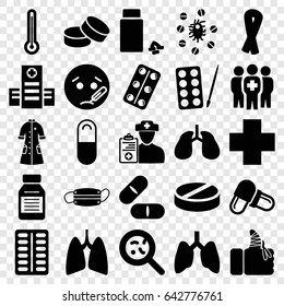 Illness icons set. set of 25 illness filled icons such as paints, ribbon, tablet, sick emot, hospital, pill, bacteria, lungs, medicine, medical pills, injured finger
