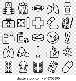Illness icons set. set of 25 illness outline icons such as paints, ribbon, first aid kit, medical cross, hospital, pill, medicine, medical pills, injured finger, nurse gown