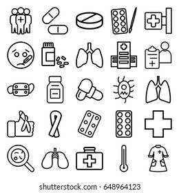 Illness icons set. set of 25 illness outline icons such as paints, ribbon, first aid kit, medical cross, hospital, pill, bacteria, lungs, medicine, medical pills