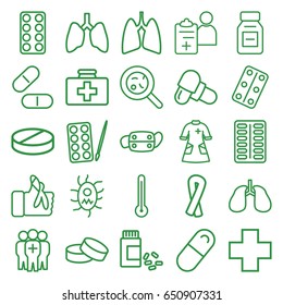 Illness icons set. set of 25 illness outline icons such as paints, ribbon, tablet, first aid kit, pill, bacteria, lungs, medicine, medical pills, injured finger, nurse gown
