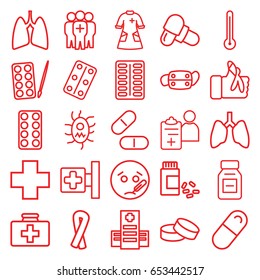 Illness icons set. set of 25 illness outline icons such as paints, ribbon, tablet, first aid kit, medical cross, hospital, pill, medicine, medical pills, injured finger