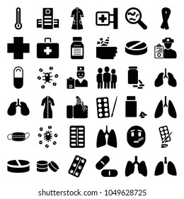 Illness icons. set of 36 editable filled illness icons such as paints, ribbon, lungs, medical cross, hospital, pill, medicine, medical pills, injured finger, nurse gown