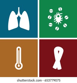 Illness icons set. set of 4 illness filled icons such as ribbon, lungs, virus and pills