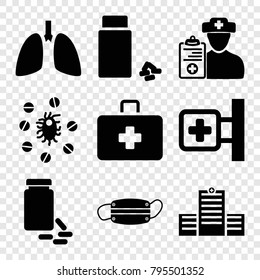 Illness icons. set of 9 editable filled illness icons such as medical cross, medicine, doctor prescription, virus and pills, medical mask, lungs, first aid kit