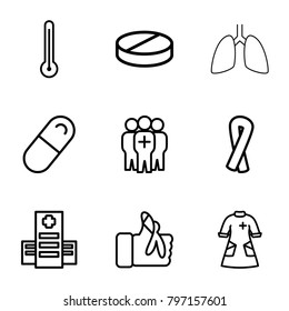 Illness icons. set of 9 editable outline illness icons such as ribbon, hospital, pill, injured finger, nurse gown, medical group, thermometer