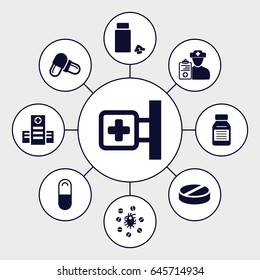 Illness icons set. set of 9 illness filled icons such as medical cross, hospital, pill, medicine, doctor prescription