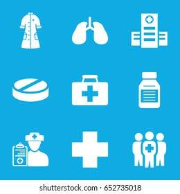 Illness icons set. set of 9 illness filled icons such as first aid kit, hospital, pill, lungs, nurse gown, medical cross, medicine, medical group