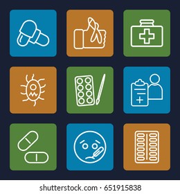 Illness icons set. set of 9 illness outline icons such as paints, first aid kit, pill, injured finger, doctor prescription, virus and pills