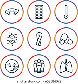 Illness icons set. set of 9 illness outline icons such as ribbon, pill, medical group, lungs, virus and pills, medical mask, thermometer
