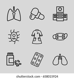 Illness icons set. set of 9 illness outline icons such as hospital, pill, lungs, medicine, medical pills, nurse gown, virus and pills