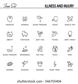 Illness And Injury Flat Icon Set. Collection Of High Quality Outline Symbols Of Disease For Web Design, Mobile App. Vector Thin Line Icons Or Logo Of Headache, Drowsiness, Fever, Sore Throat, Etc.