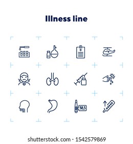 Illness line icon set. Analysis, sore throat, injection. Health care concept. Can be used for topics like medical help, lab tests, diagnostics