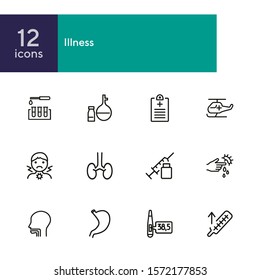 Illness line icon set. Analysis, sore throat, injection. Health care concept. Can be used for topics like medical help, lab tests, diagnostics
