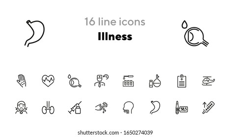 Illness line icon set. Analysis, sore throat, injection. Health care concept. Can be used for topics like medical help, lab tests, diagnostics
