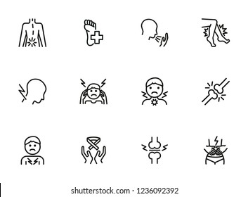 Illness line icons. Set of line icons on white background. Pain, headache, bones. Healthcare concept. Vector illustration can be used for topics like medicine, surgery, healthcare