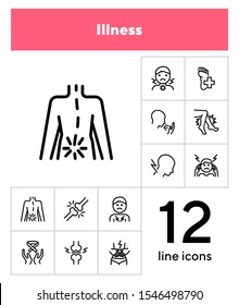 Illness line icons. Set of line icons on white background. Pain, headache, bones. Healthcare concept. Vector illustration can be used for topics like medicine, surgery, healthcare