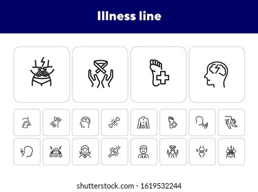 Illness line icons. Set of line icons on white background. Pain, headache, bones. Healthcare concept. Vector illustration can be used for topics like medicine, surgery, healthcare