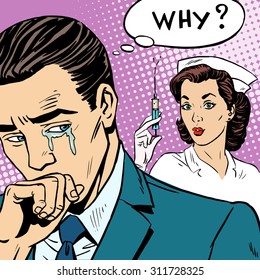 Illness medicine injection syringe man cry health retro style pop art