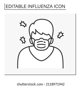  Icono de la línea de personas enfermas. Enfermo. Cara cubierta por un hombre con máscara médica. Salud. Concepto de gripe. Ilustración vectorial aislada. Trazo editable