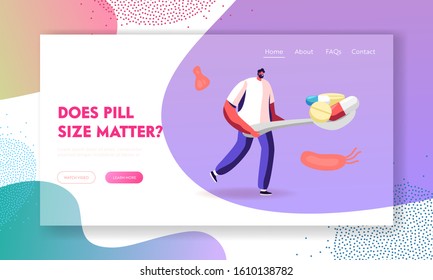 Illness Prevention, Disease Treatment Pandemic Spreading Website Landing Page. Man Carry Huge Spoon Full of Medicine Pills with Various Microbes around Web Page. Cartoon Flat Vector Illustration