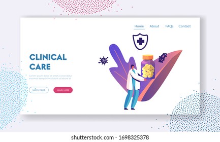 Illness Prevention, Disease Treatment Pandemic Spreading Landing Page Template. Female Doctor Character Carry Huge Bottle with Medicine Pills and Various Microbes around. Cartoon Vector Illustration