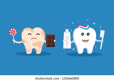 Illness problem tooth before and healthy white brilliant tooth after, tooth restoration, dental services, illustration, vector