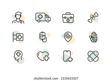 Illness set icon. Doctor, ambulance, first aid kit, fracture, dropper, pointer, hospital, bandage, plaster, etc. Health care concept. Vector line icon for Business and Advertising